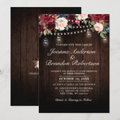Rustic Wood Burgundy Floral Mason Jar Wedding Kaart (Voorkant / Achterkant)