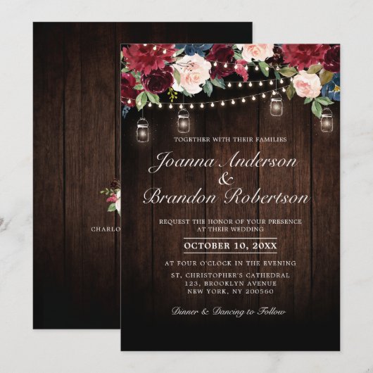 Rustic Wood Burgundy Floral Mason Jar Wedding Kaart (Voorkant / Achterkant)