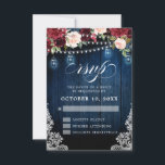 Rustic Wood Burgundy Floral Mason Jar Wedding RSVP Kaartje<br><div class="desc">De uitnodiging voor het bruiloft met hout uit de rotsbloem van het Robuusachtige land bevat handbeschilderde waterverf florale afbeeldingen / rozen in rijke tonen van de Bourgogne , Marsala Red navy blauw en wazig roze / perzik en een tekenend handschrift met tekeningende tekenstijl met tekenflora en houten achtergrond van het...</div>