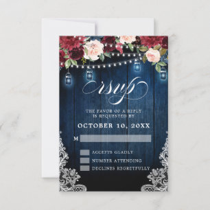 Rustic Wood Burgundy Floral Mason Jar Wedding RSVP Kaartje