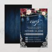 Rustic Wood Burgundy Floral Mason Jar Wedding RSVP Kaartje (Voorkant / Achterkant)