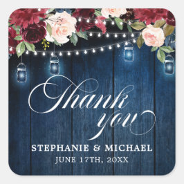 Rustic Wood Burgundy Floral Mason Jar Wedding Vierkante Sticker