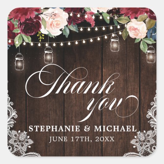 Rustic Wood Burgundy Floral Mason Jar Wedding Vierkante Sticker (Voorkant)