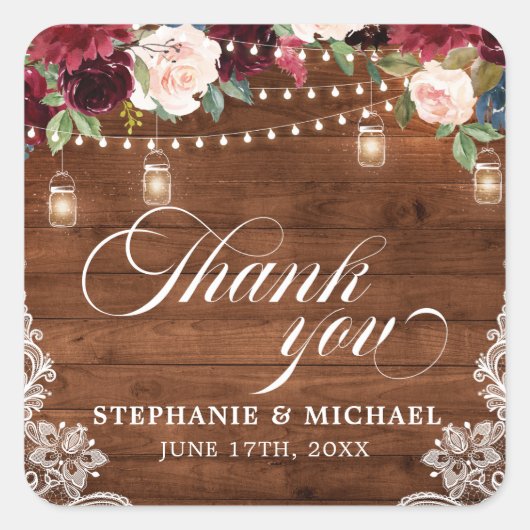 Rustic Wood Burgundy Floral Mason Jar Wedding Vierkante Sticker (Voorkant)
