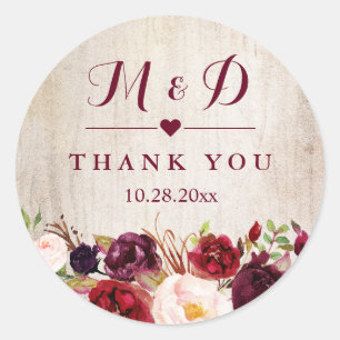 Rustic Wood Burgundy Floral Monogram Wedding Favor Ronde Sticker
