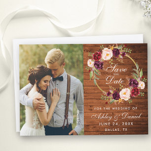Rustic Wood Burgundy Floral redt de datum Save The Date