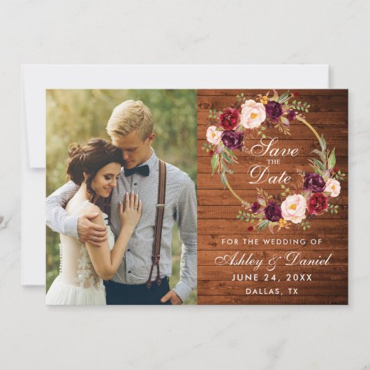 Rustic Wood Burgundy Floral redt de datum Save The Date (Voorkant)
