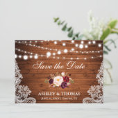 Rustic Wood Burgundy Floral Save the Date (Staand voorkant)