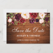 Rustic Wood Burgundy Floral Save the Date (Voorkant)