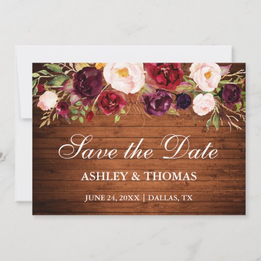 Rustic Wood Burgundy Floral Save the Date (Voorkant)