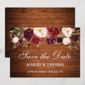 Rustic Wood Burgundy Floral Save the Date (Voorkant / Achterkant)