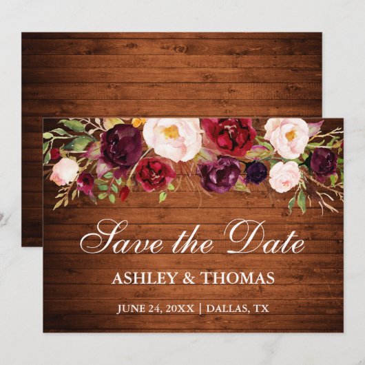 Rustic Wood Burgundy Floral Save the Date (Voorkant / Achterkant)