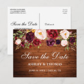 Rustic Wood Burgundy Floral Save the Date Aankondigingskaart (Voorkant / Achterkant)