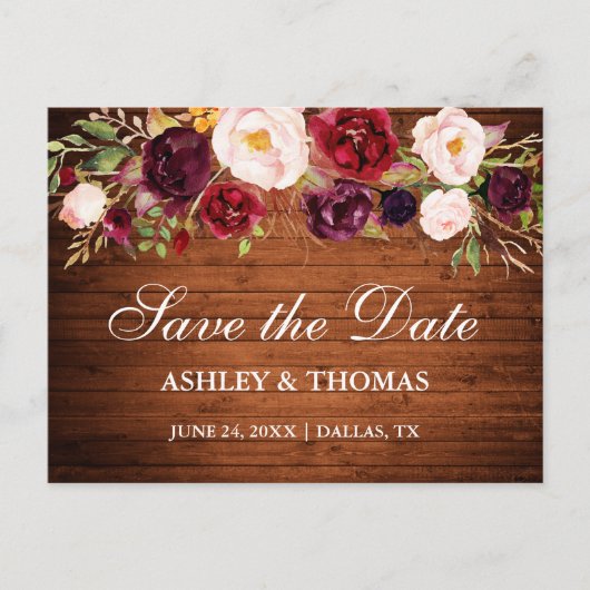 Rustic Wood Burgundy Floral Save the Date Aankondigingskaart (Voorkant)