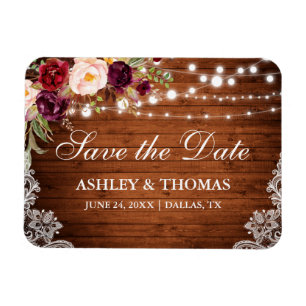 Rustic Wood Burgundy Floral Save the Date Magneet