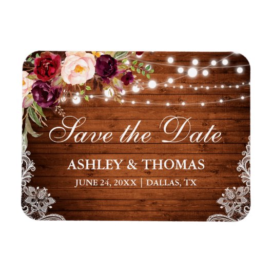 Rustic Wood Burgundy Floral Save the Date Magneet (Horizontaal)