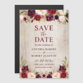 Rustic Wood Burgundy Floral Save the Date Magnet (Voorkant / Achterkant)