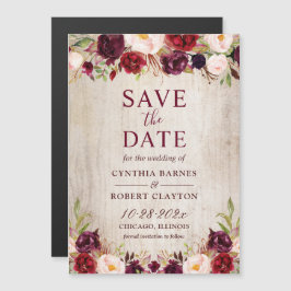Rustic Wood Burgundy Floral Save the Date Magnet
