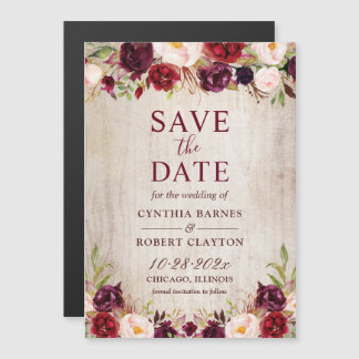 Rustic Wood Burgundy Floral Save the Date Magnet