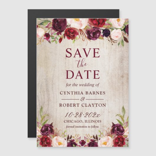 Rustic Wood Burgundy Floral Save the Date Magnet (Voorkant / Achterkant)