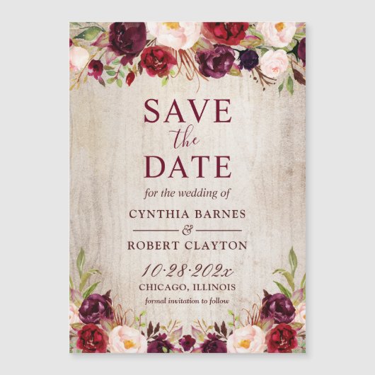 Rustic Wood Burgundy Floral Save the Date Magnet (Voorkant)