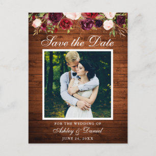 Rustic Wood Burgundy Floral Save the Date Photo Aankondigingskaart