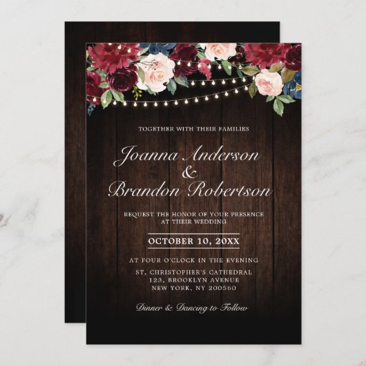 Rustic Wood Burgundy Floral String-lampjes Kaart (Voorkant / Achterkant)