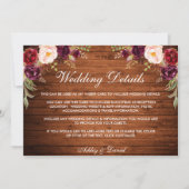 Rustic Wood Burgundy Floral Wedding Details Kaart (Voorkant)