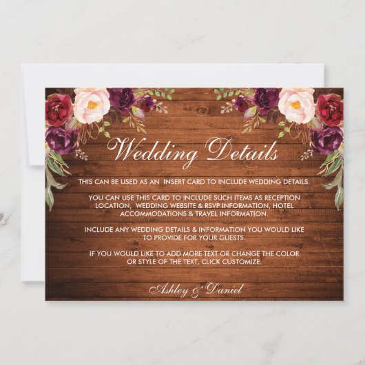 Rustic Wood Burgundy Floral Wedding Details Kaart (Voorkant)