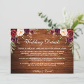 Rustic Wood Burgundy Floral Wedding Details Kaart (Staand voorkant)