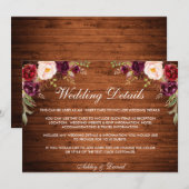 Rustic Wood Burgundy Floral Wedding Details Kaart (Voorkant / Achterkant)