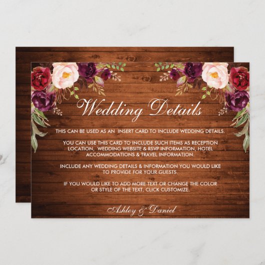 Rustic Wood Burgundy Floral Wedding Details Kaart (Voorkant / Achterkant)