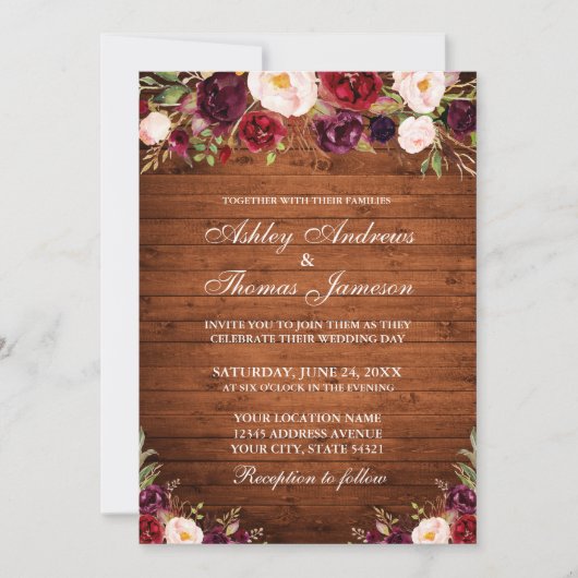 Rustic Wood Burgundy Floral Wedding Kaart (Voorkant)