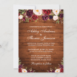 Rustic Wood Burgundy Floral Wedding Kaart