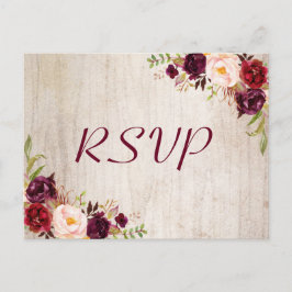 Rustic Wood Burgundy Floral Wedding RSVP Briefkaart
