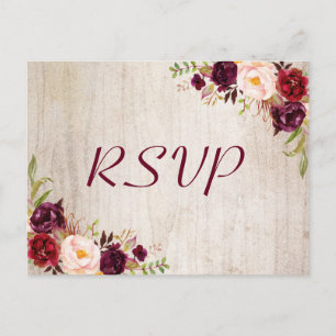 Rustic Wood Burgundy Floral Wedding RSVP Briefkaart