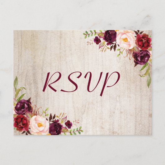Rustic Wood Burgundy Floral Wedding RSVP Briefkaart (Voorkant)