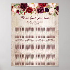 Rustic Wood Burgundy Floral Wedding Seating Chart Poster