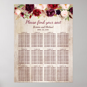 Rustic Wood Burgundy Floral Wedding Seating Chart Poster
