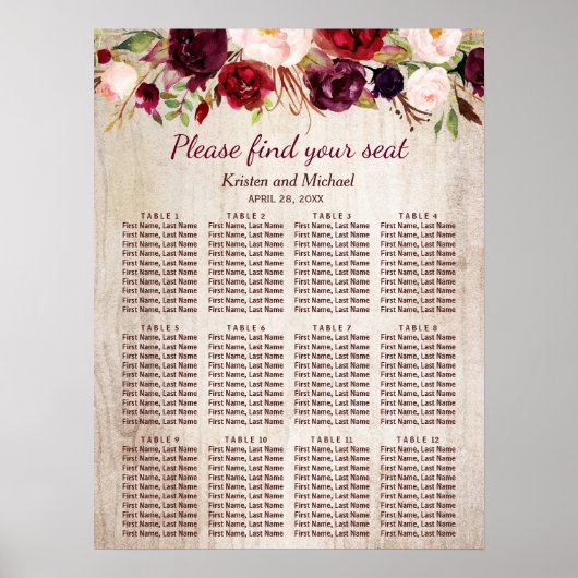 Rustic Wood Burgundy Floral Wedding Seating Chart Poster (Voorkant)