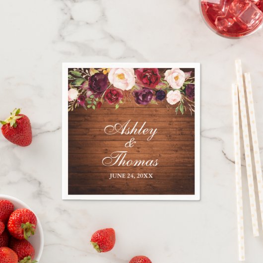 Rustic Wood Burgundy Floral Wedding Servet (Insitu)