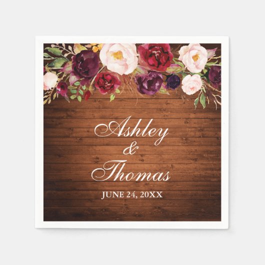 Rustic Wood Burgundy Floral Wedding Servet (Voorkant)