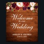 Rustic Wood Burgundy Floral Wedding Welkom Poster<br><div class="desc">Rustic Wood Waterverf Burgundy Marsala Floral Wedding Welcome Poster</div>