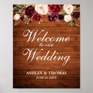 Rustic Wood Burgundy Floral Wedding Welkom Poster