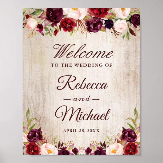 Rustic Wood Burgundy Floral Wedding Welkom Poster (Voorkant)