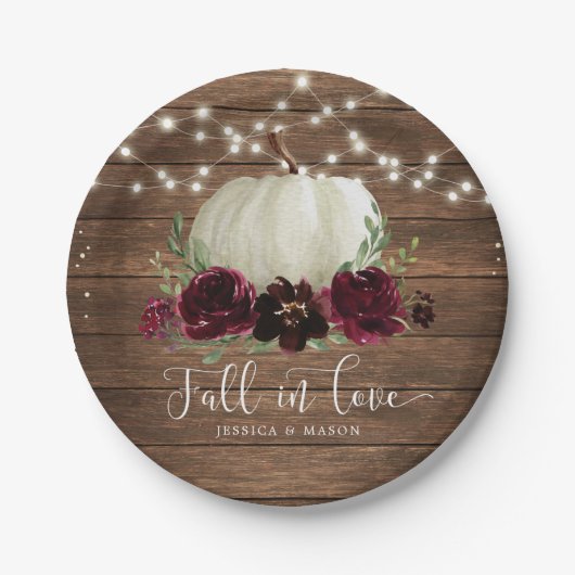 Rustic Wood Burgundy Flowers Pumpkin Borden Papieren Bordje (Voorkant)