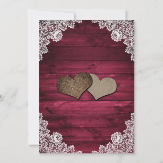 Rustic Wood Burgundy Lace String Lights Wedding Kaart (Achterkant)