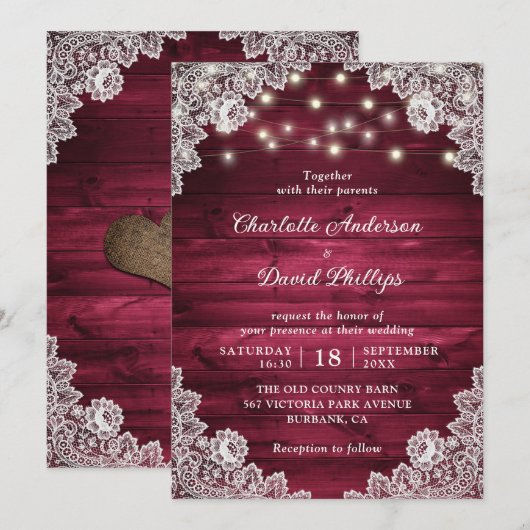 Rustic Wood Burgundy Lace String Lights Wedding Kaart (Voorkant / Achterkant)