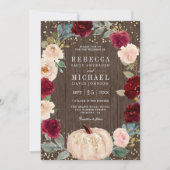 Rustic Wood Burgundy Peach Floral Pumpkin Wedding Kaart (Voorkant)