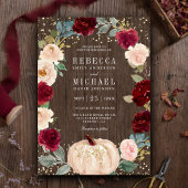 Rustic Wood Burgundy Peach Floral Pumpkin Wedding Kaart